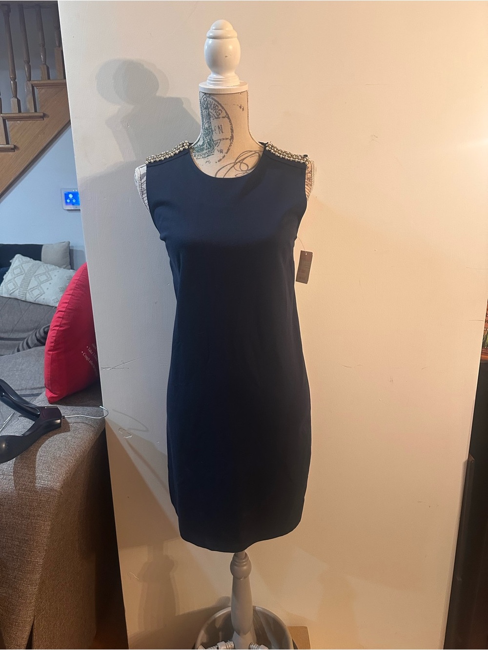 Philosophy Navy Sheath Dress with Beaded Shoulders